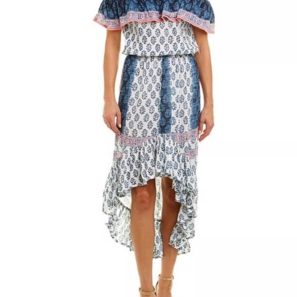 Tolanj boho blue and pink maxi‎ dress with off the shoulder